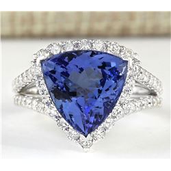 7.07 CTW Natural Blue Tanzanite And Diamond Ring 14k Solid White Gold