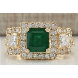 3.93CTW Natural Emerald And Diamond Ring In 14K Yellow Gold