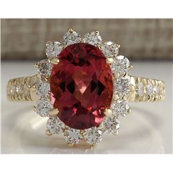 4.07CTW Natural Pink Tourmaline And Diamond Ring 14K Solid Yellow Gold