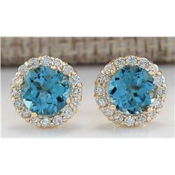 3.65 CTW Natural Blue Topaz And Diamond Earrings 14k Solid Yellow Gold