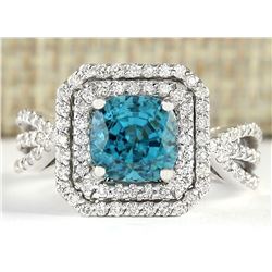 5.46 CTW Natural Blue Zircon And Diamond Ring 14k Solid White Gold