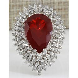 7.31CTW Natural Mexican Fire Opal And Diamond Ring In 14K White Gold