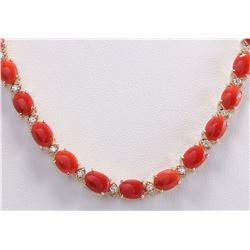 42.82CTW Natural Red Coral And Diamond Necklace In 14K Yellow Gold