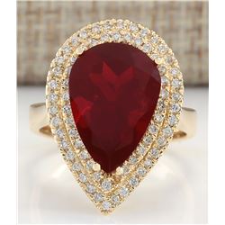 4.71CTW Natural Fire Opal And Diamond Ring 14K Solid Yellow Gold