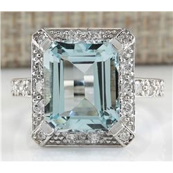 5.83CTW Natural Blue Aquamarine Diamond Ring 14K Solid White Gold
