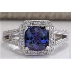 3.67 CTW Natural Blue Tanzanite And Diamond Ring In 14K Solid White Gold