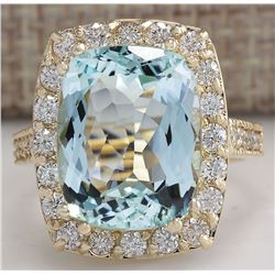 9.50CTW Natural Aquamarine And Diamond Ring In 14K Solid Yellow Gold