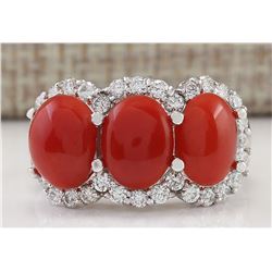 5.00 CTW Natural Coral And Diamond Ring In 14k White Gold