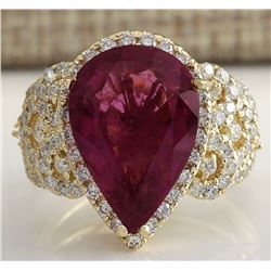 8.27 CTW Natural Rubelite And Diamond Ring 14k Solid Yellow Gold