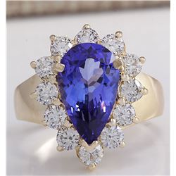 4.36CTW Natural Blue Tanzanite And Diamond Ring 14K Solid Yellow Gold