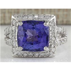 9.10CTW Natural Blue Tanzanite And Diamond Ring 14K Solid White Gold