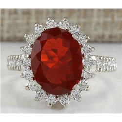 3.46CTW Natural Fire Opal And Diamond Ring 14K Solid White Gold