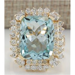 9.51CTW Natural Aquamarine And Diamond Ring 14K Solid Yellow Gold