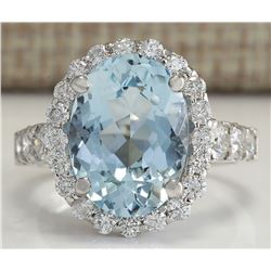 4.44CTW Natural Aquamarine And Diamond Ring In 14K Solid White Gold