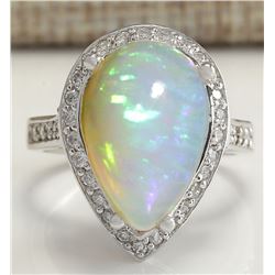 7.70CTW Natural Opal And Diamond Ring In 14K Solid White Gold