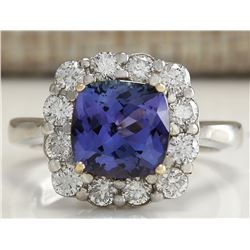 3.93CTW Natural Blue Tanzanite And Diamond Ring 14K Solid White Gold