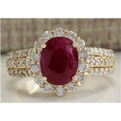 3.73CTW Natural Red Ruby And Diamond Ring 14K Solid Yellow Gold