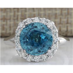 7.58CTW Natural Blue Zircon And Diamond Ring 14K Solid White Gold