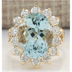 10.48Ct Natural Aquamarine And Diamond Ring In14K Solid Yello Gold