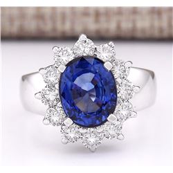 5.48 CTW Natural Blue Sapphire And Diamond Ring In 14K White Gold