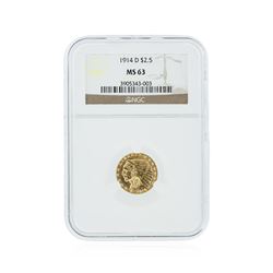 1914-D NGC MS63 $2.50 Indian Head Quarter Eagle Gold Coin