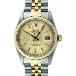 Rolex Two-Tone Gold Champagne Tapestry and Fluted Bezel DateJust Men's Watch