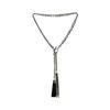 Image 1 : Double Leather Tassel Chain Necklace - Rhodium Plated