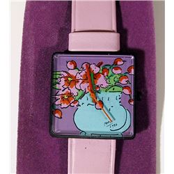 Peter Max, Watch - Blue Vase with Flowers, Wristwatch with Pink Leather Band