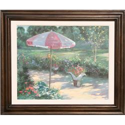 Robert Lairn, Umbrella in Garden, Oil Painting