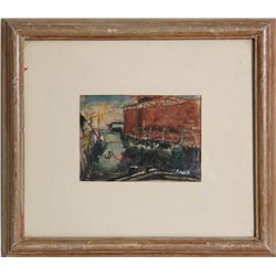 Jean Louis Liberte, Boat at Dock, Watercolor Painting