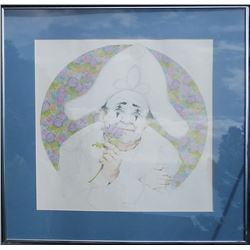 Ben Black, Clown in White Hat with Flower, Watercolor Painting