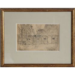 James Moore Preston, Shingle House and Windmill, The Hamptons, Long Island, Pencil Drawing