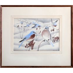 Rex Brasher, Blue Birds, Hand-Colored Lithograph