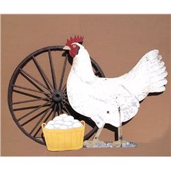 Folk Art Hen with Eggs and Wagon Wheel, Acrylic Painting on Wood with Wheel