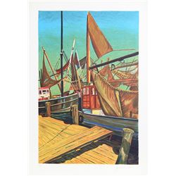 Jack van Deckter, Boats at Dock, Lithograph