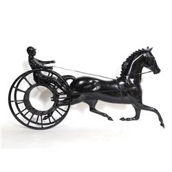 Horse and Rider in Sulky Cart, Black Painted Cast Iron Sculpture