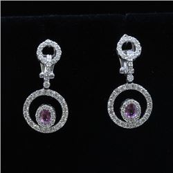 18K White Gold And Diamond Dangling Earring Round Shape Diamond-1.14ct Pink Sapphire- 0.82ct Weight-