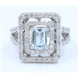 14K WHITE GOLD RING :8g/Diamond:1.52ct/Aquamarine:0.97ct