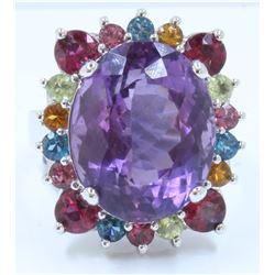 14K WHITE GOLD RING:10.2g/Amethyst:13.32ct/Ruby light:1.31ct/Peri+Citrine:8ea/Pink Sapphire:0.62ct/S