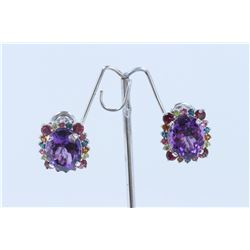 14K WHITE GOLD EARRING:15g/Amethyst:25.8ct/Ruby light:2.22ct/Pink Tourmal:0.54ct/Blue Topaz:6ea/Citr