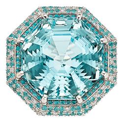 NATURAL 35.50CT AQUAMARINE / 1.40CT PARAIBA TOURMALINE GIA 18k Ring