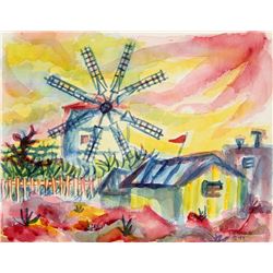 Laurent Marcel Salinas, Farmhouse with Windmill 56, Watercolor Painting