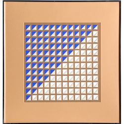 Karen James, Blue and Tan Squares, Silkscreen and 3-D Mixed Media