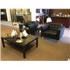 Image 2 : 3 PIECE BLACK LEATHER SOFA SET WITH COUCH,  MATCHING ARM CHAIRS, COFFEE TABLE, AND END TABLE