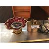 Image 2 : DECORATIVE ITEMS INC. HAND PAINTED CANDY DISH, MUSK OX LIDDED TIN AND TABLE LAMP