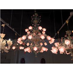 INCREDIBLY INTRICATE, GLASS CHANDELIER FEATURING 32 HAND PAINTED, PINK ROSE LAMPS AND PAINTED