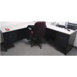 OFFICE DESK AND RED OFFICE CHAIR