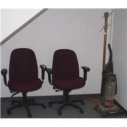 TWO RED OFFICE CHAIRS, COAT TREE & VACUUM