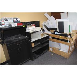 TWO CABINETS WITH MISC SUPPLIES, AND CRATE OF