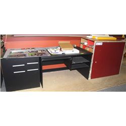 DESK, SHELF UNIT, TRIPOD, AND ASSORTED PRINTING